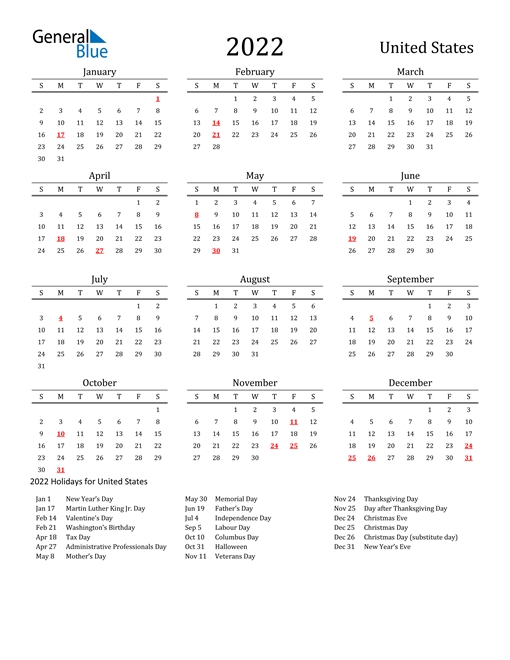 2022 United States Calendar With Holidays