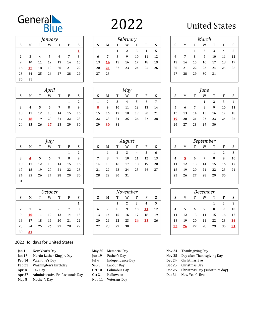 2022 United States Calendar With Holidays