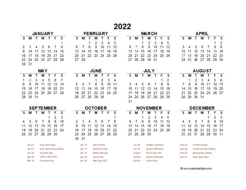 2022 Year At A Glance Calendar With Australia Holidays