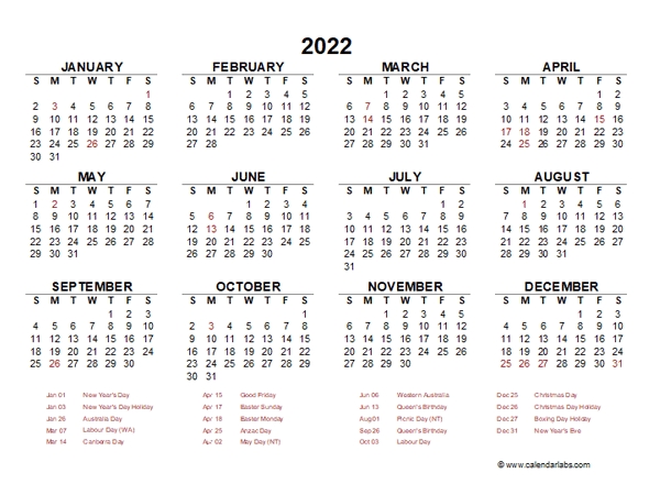 2022 Year At A Glance Calendar With Australia Holidays