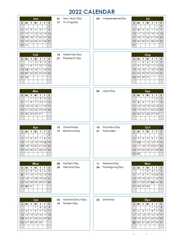 2022 Year At A Glance Word Calendar Template - Free