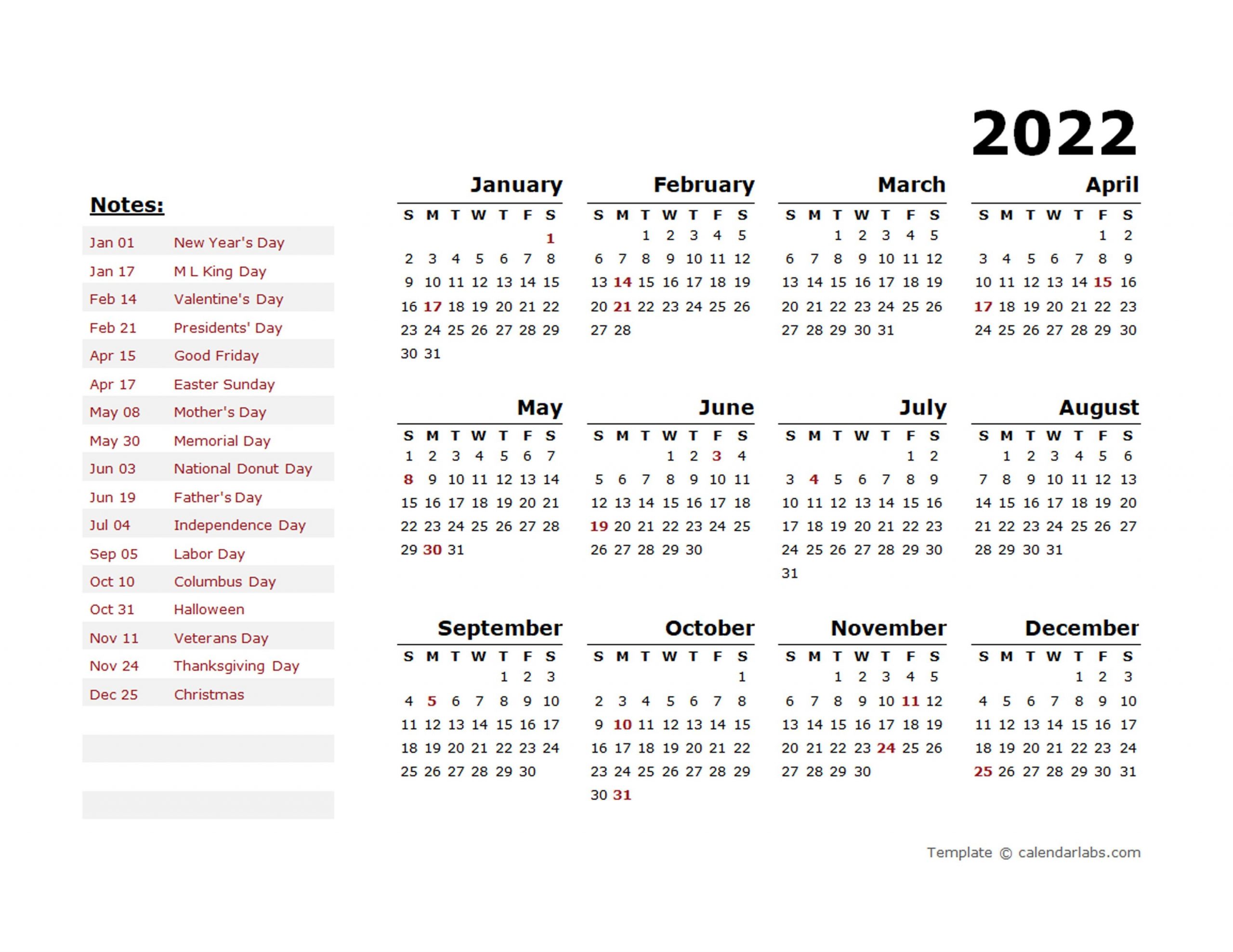 2022 Year Calendar Template With Us Holidays - Free