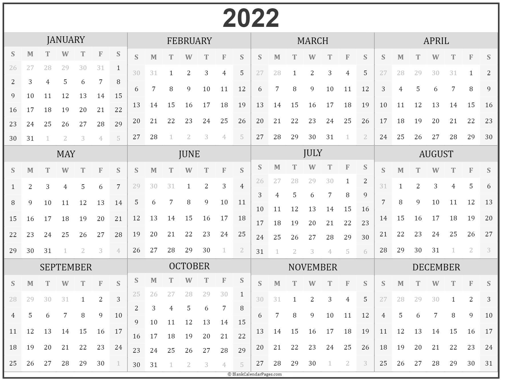 2022 Year Calendar | Yearly Printable