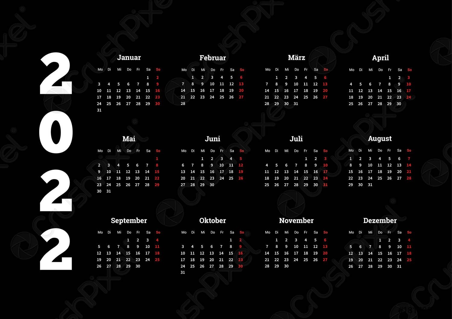 2022 Year Simple Calendar On German Language On Dark