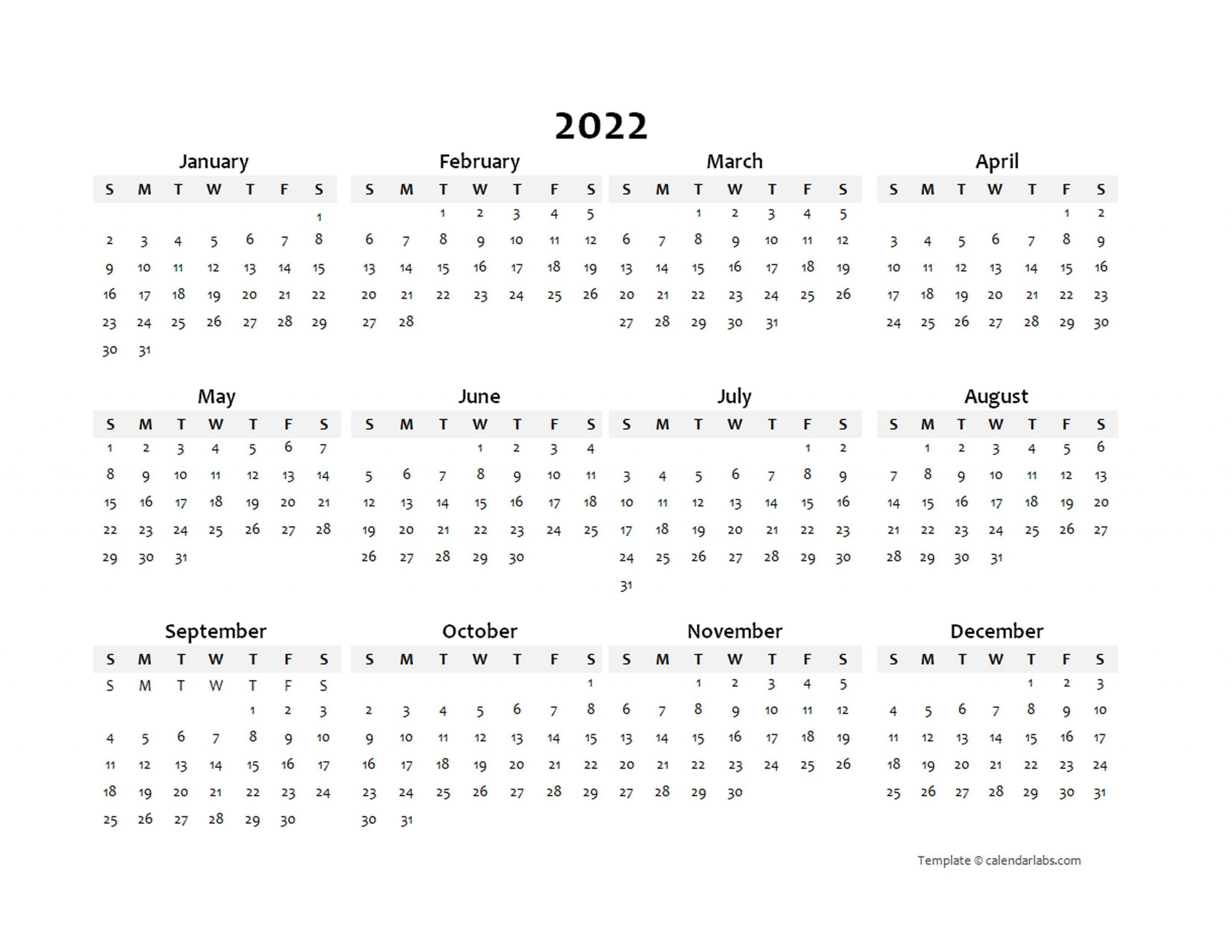 2022 Yearly Blank Calendar Template - Free Printable Templates