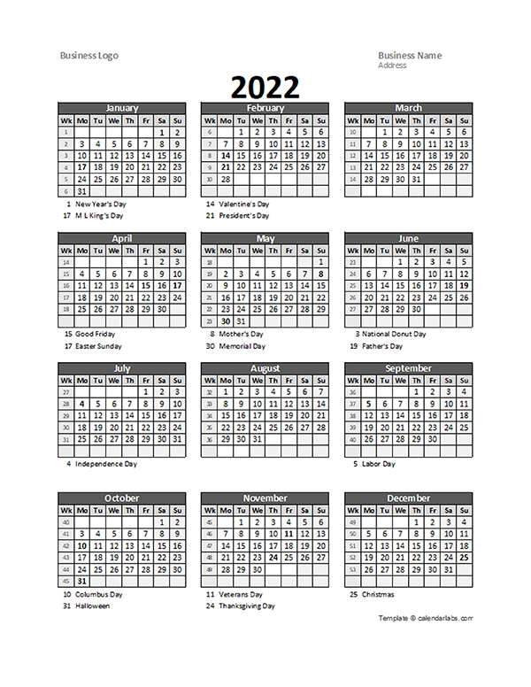 2022 Yearly Business Calendar With Week Number - Free