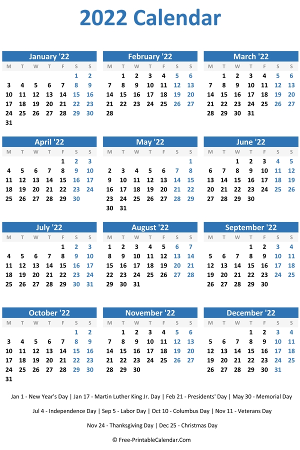 2022 Yearly Calendar