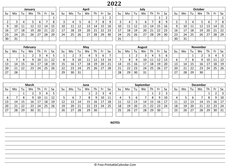 2022 Yearly Calendar