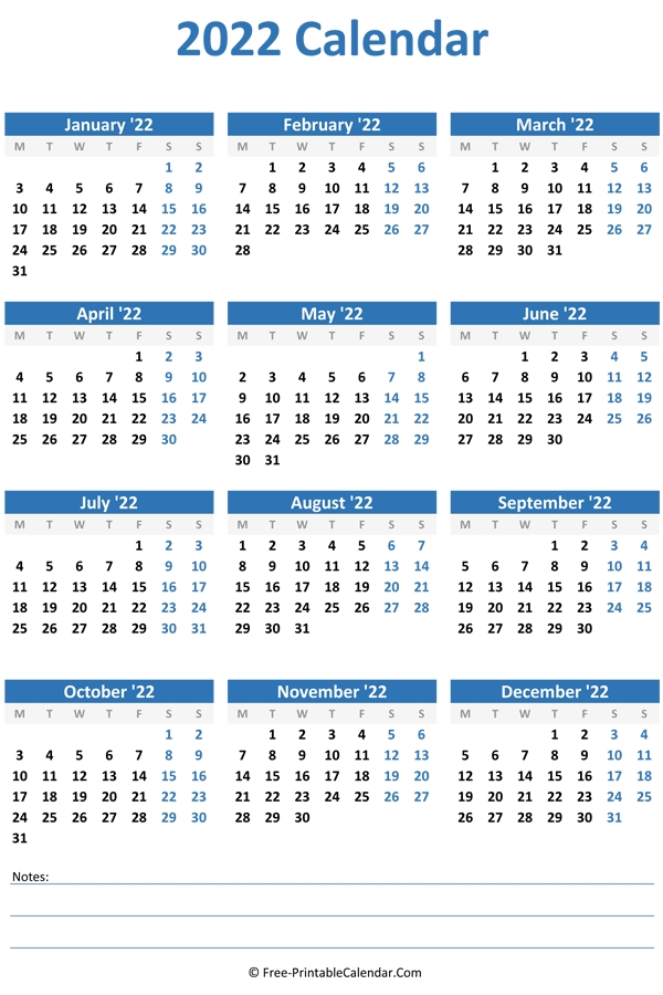 2022 Yearly Calendar