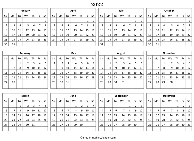 2022 Yearly Calendar