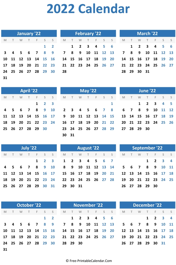 2022 Yearly Calendar