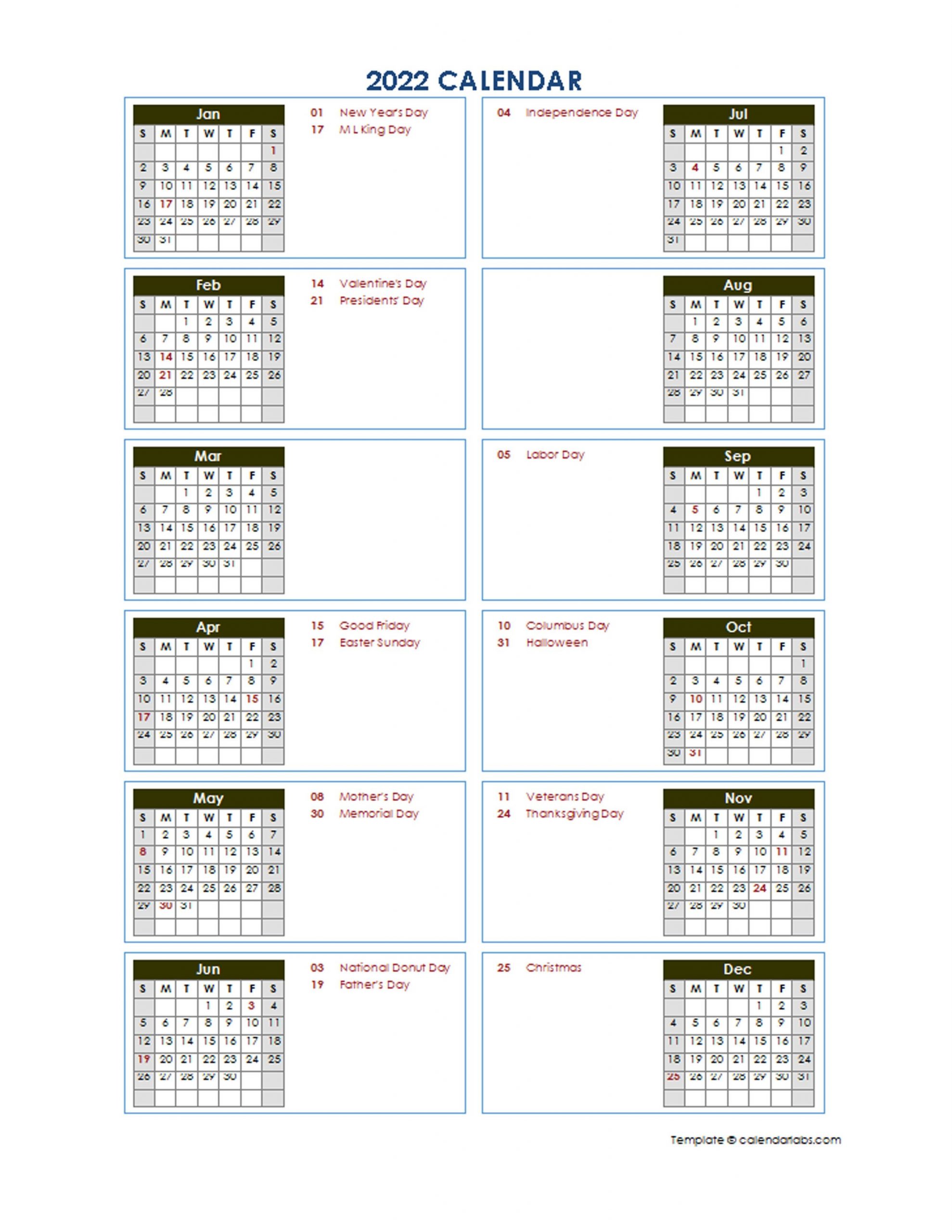 2022 Yearly Calendar Template Vertical Design - Free