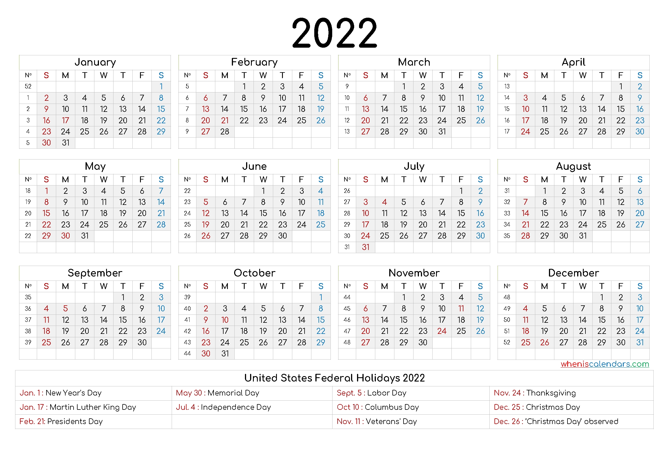 2022 Yearly Calendar Template Word - 6 Templates