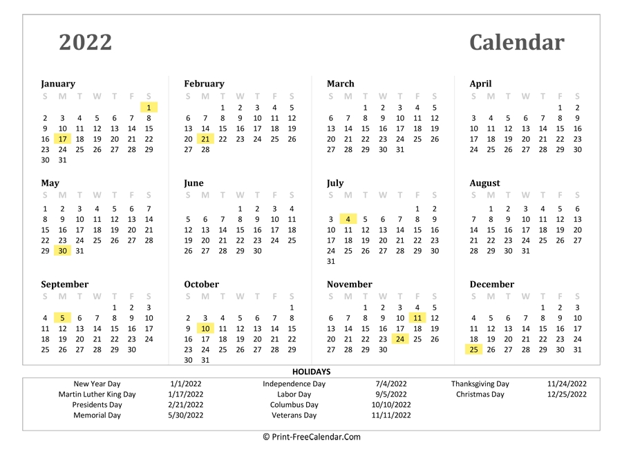 2022 Yearly Calendar With Holidays (Landscape Layout)