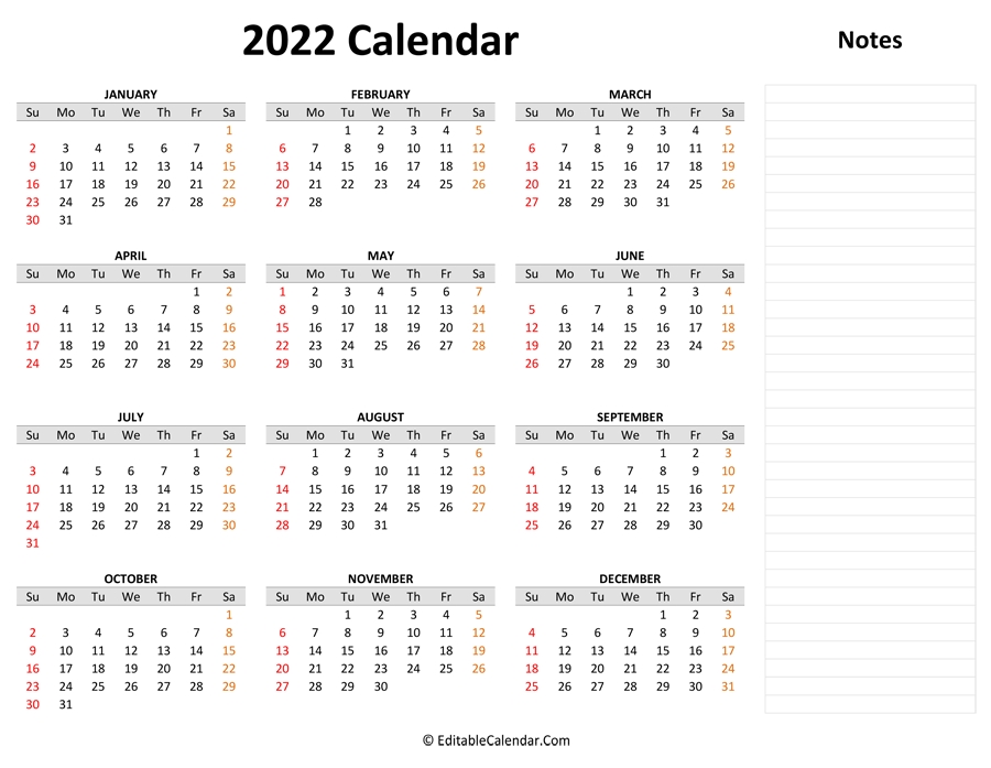 2022 Yearly Calendar With Notes