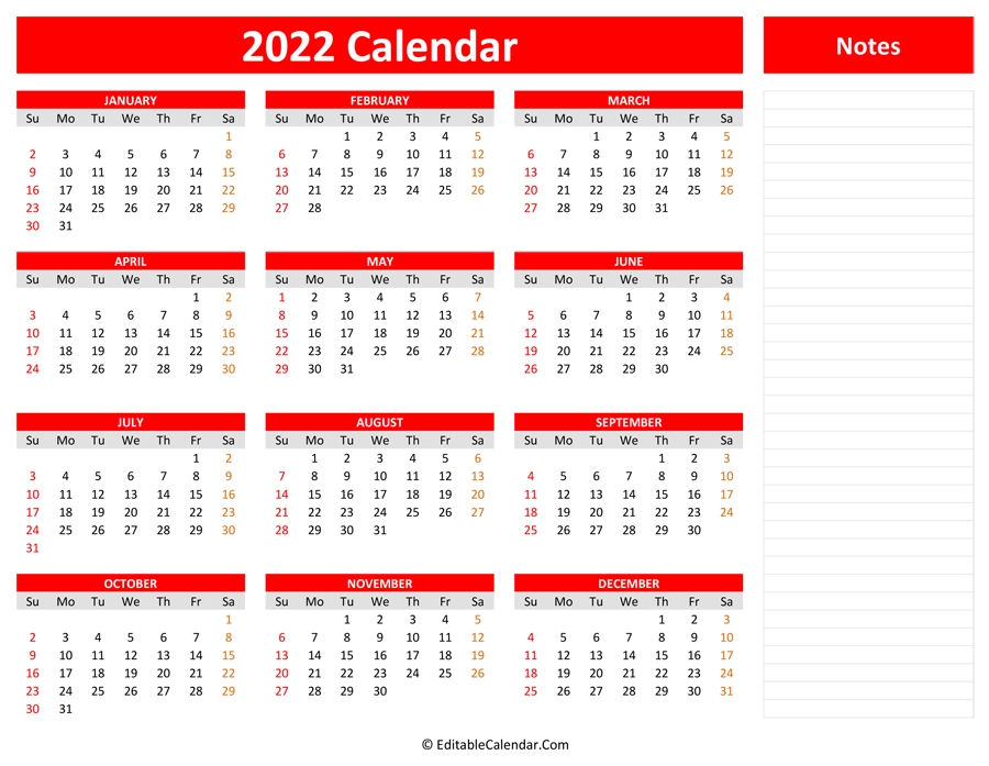 2022 Yearly Calendar With Notes