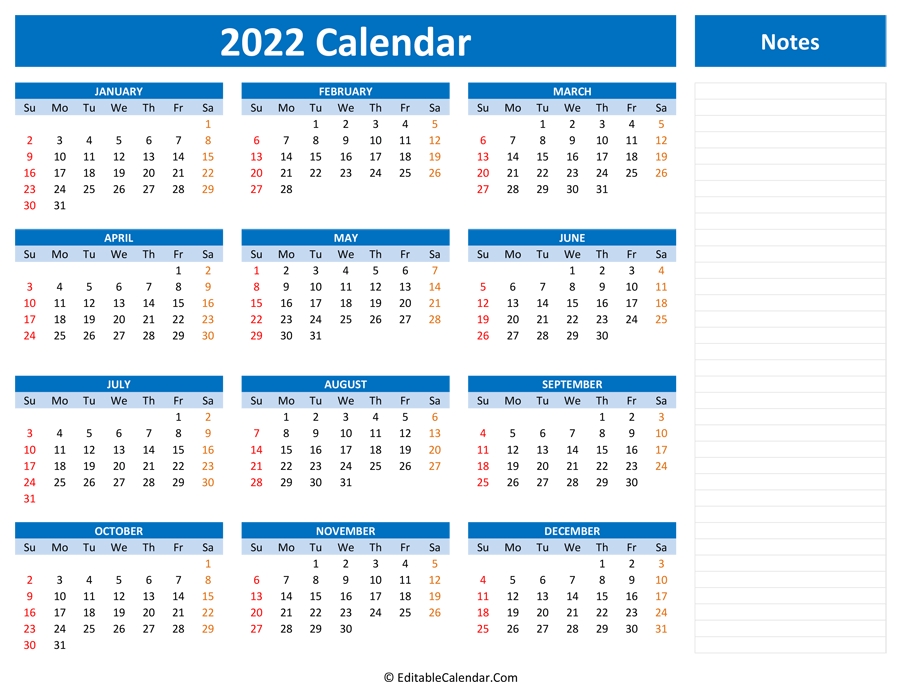 2022 Yearly Calendar With Notes