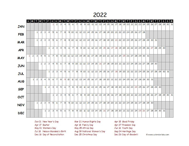 2022 Yearly Project Timeline Calendar South Africa - Free