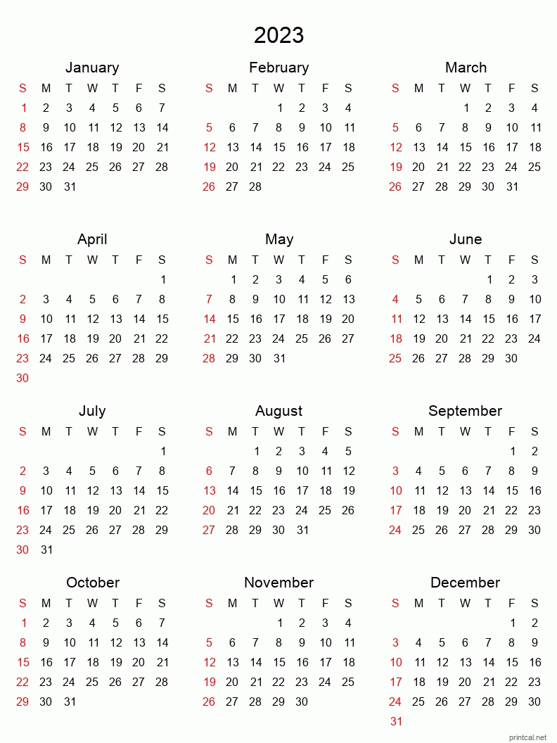2023 Printable Calendar - Yearly Calendar (Tabular Style)