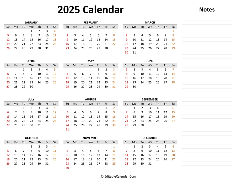 2025 Yearly Calendar With Notes