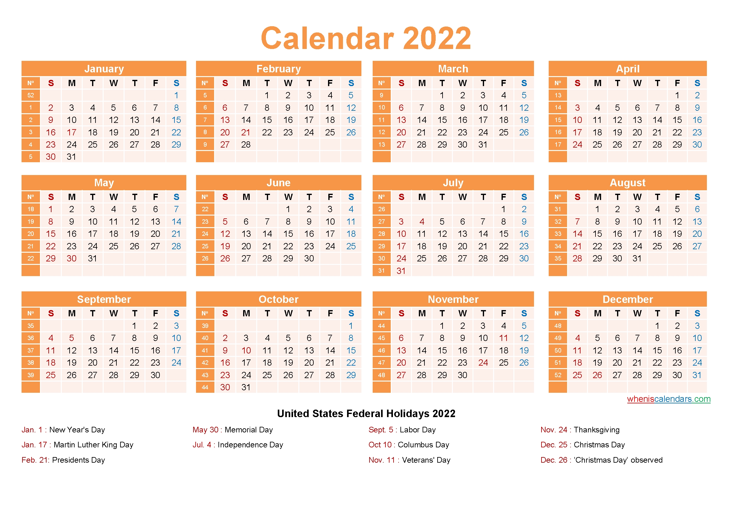22X17 Desk Calendar 2022 With Holidays