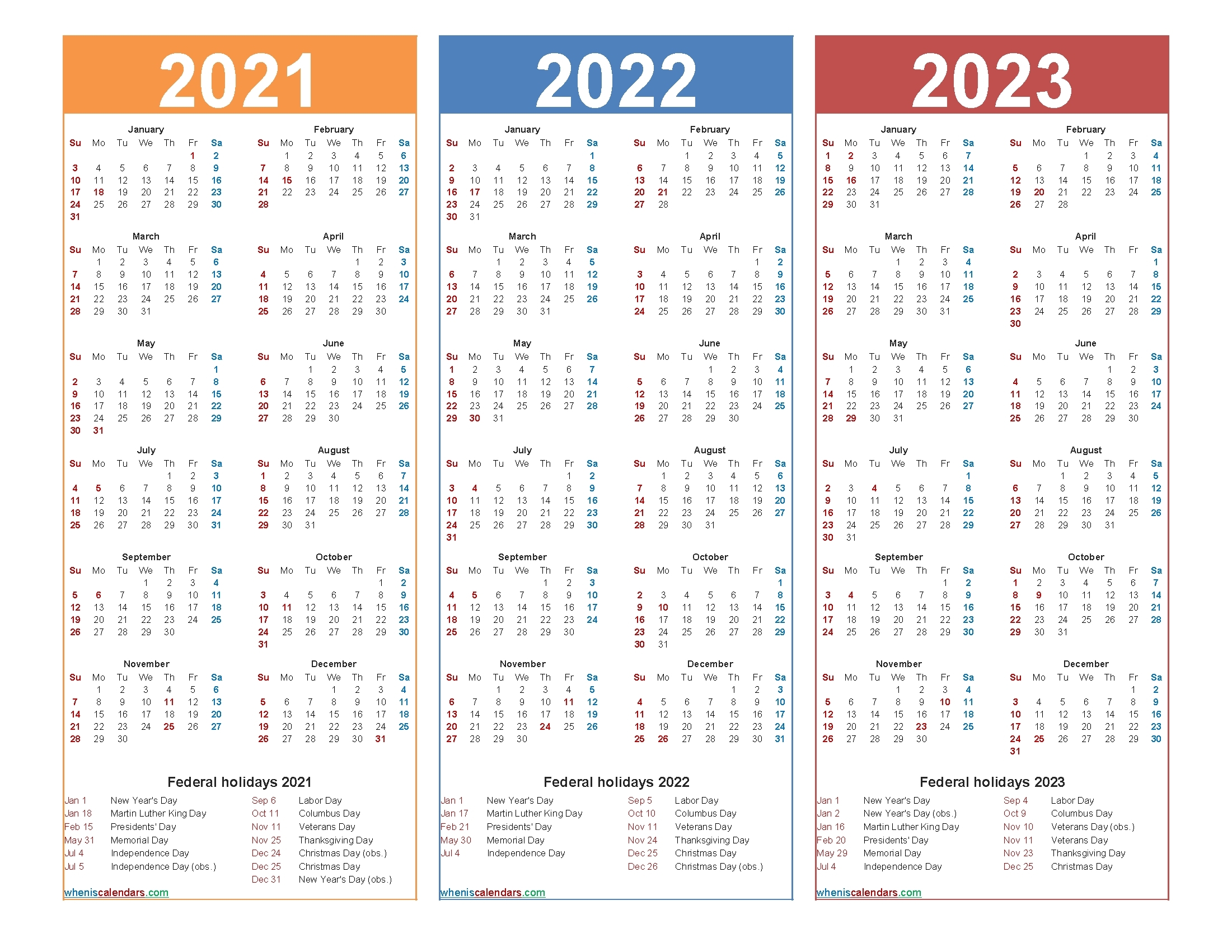 3 Year Calendar Printable 2021 2022 2023 | Month Calendar