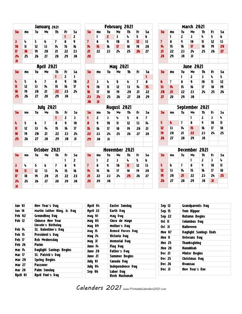 68+ Printable 2021 Yearly Calendar With Holidays, Portrait