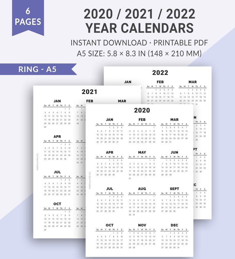 A5 2020-2021-2022 Calendar Yearly Calendar Year At A
