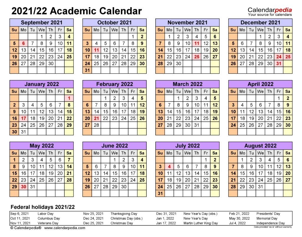 Academic Calendars 2021/2022 - Free Printable Excel