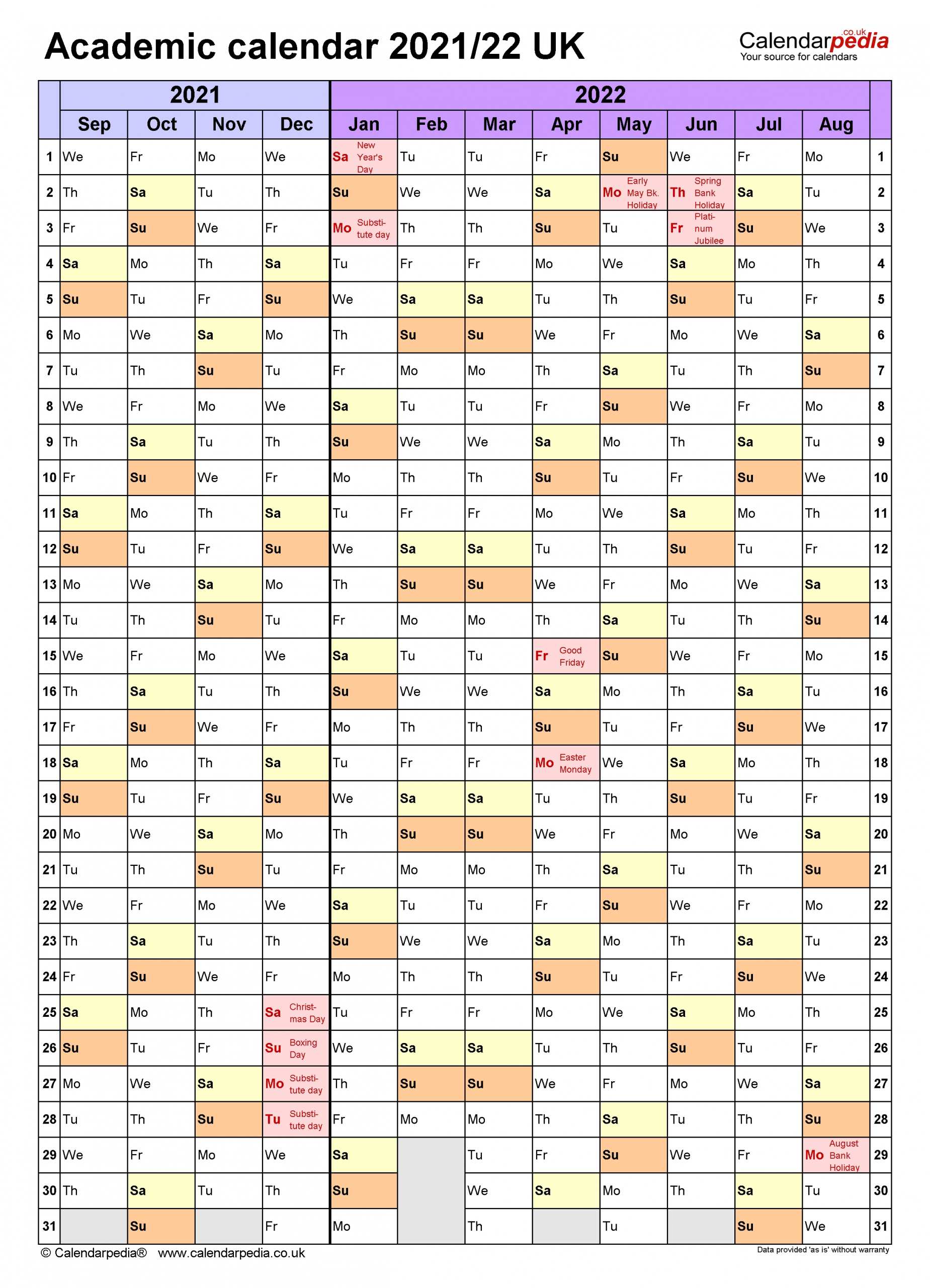Academic Calendars 2021/22 Uk - Free Printable Excel Templates