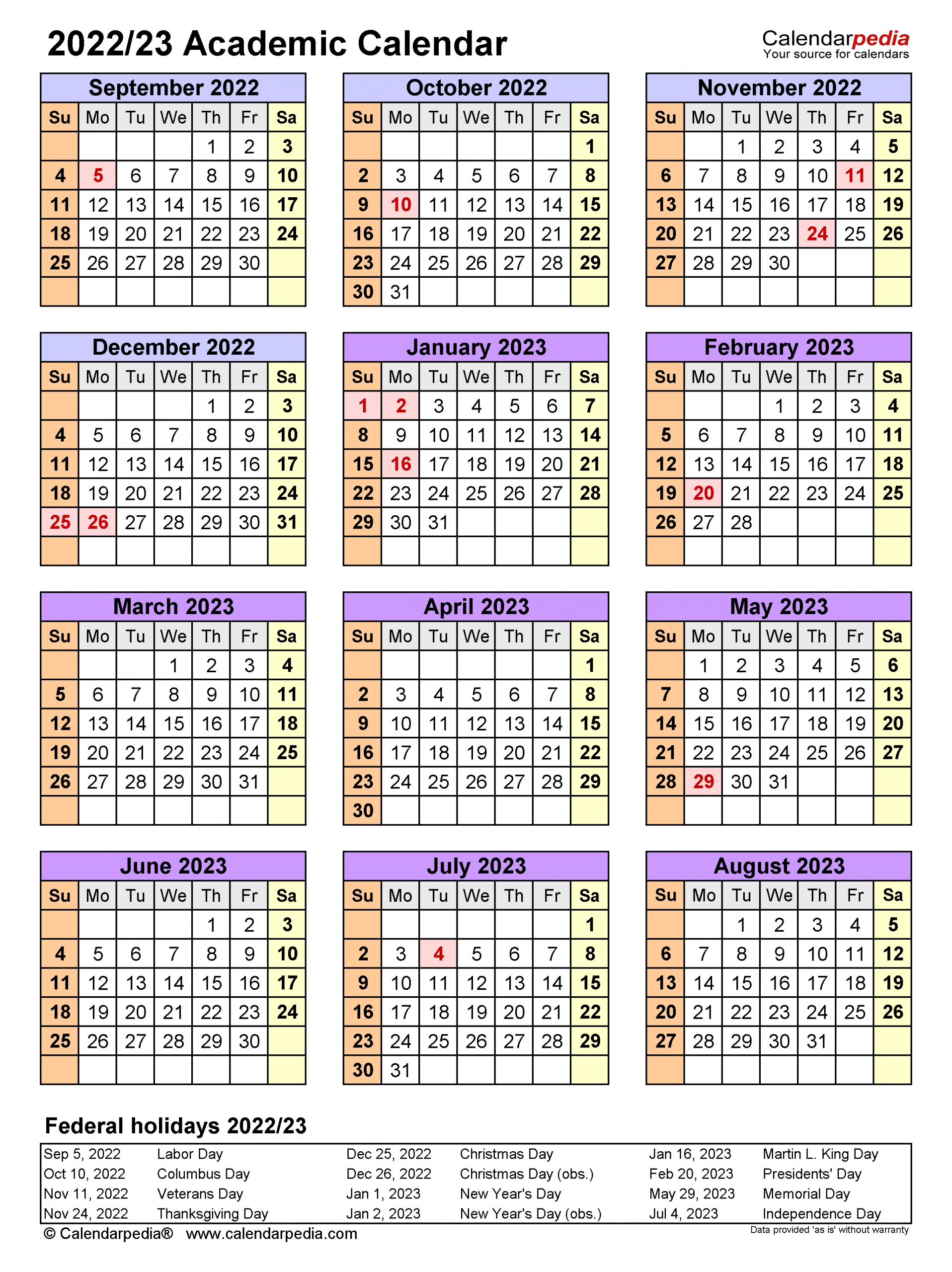 Academic Calendars 2022/2023 - Free Printable Word Templates