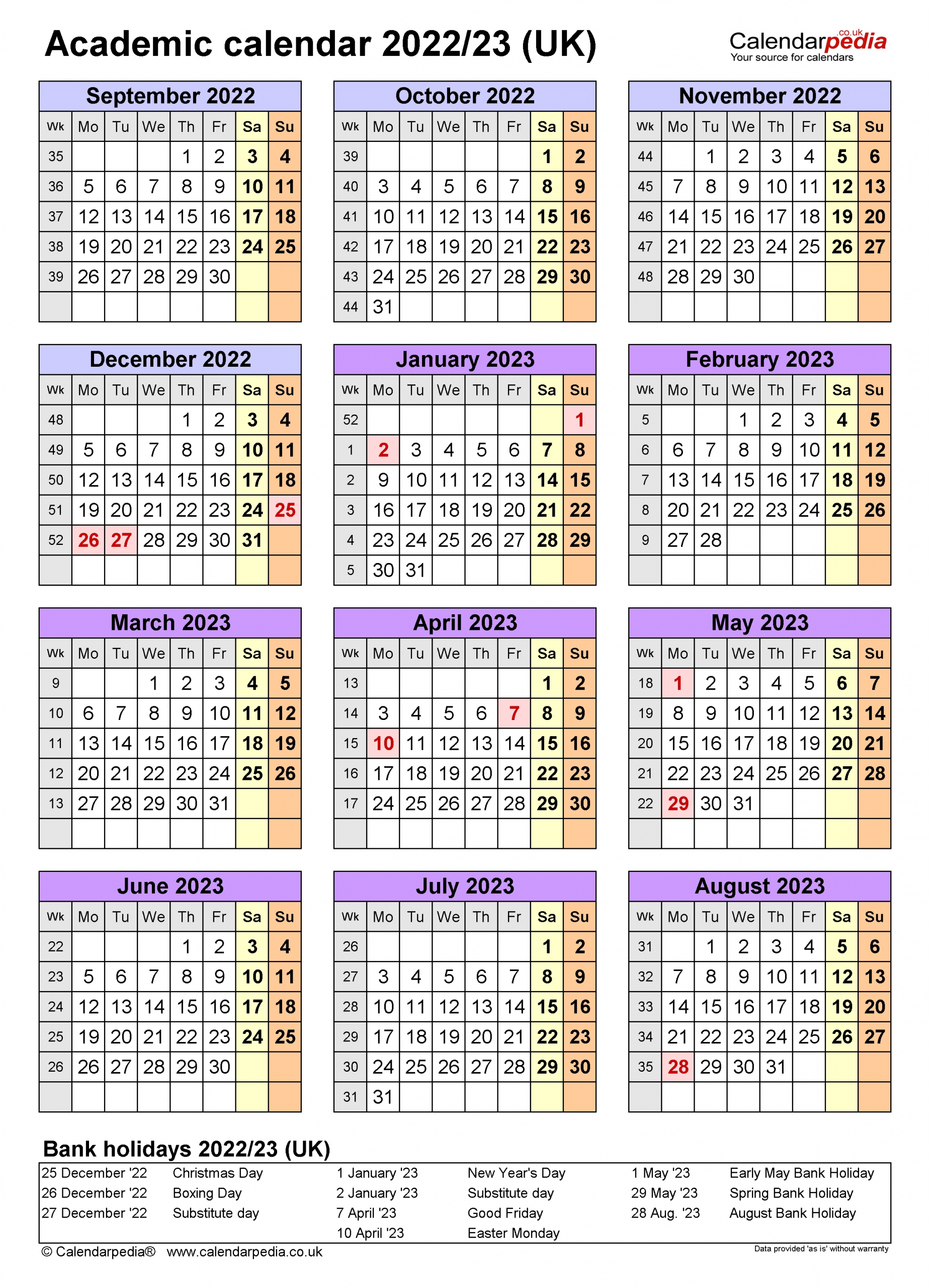 Academic Calendars 2022/23 Uk - Free Printable Excel Templates