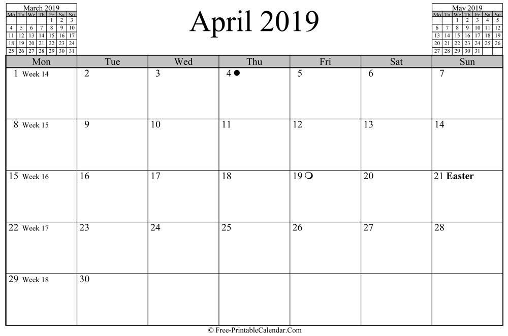 April 2019 Calendar (Horizontal Layout)
