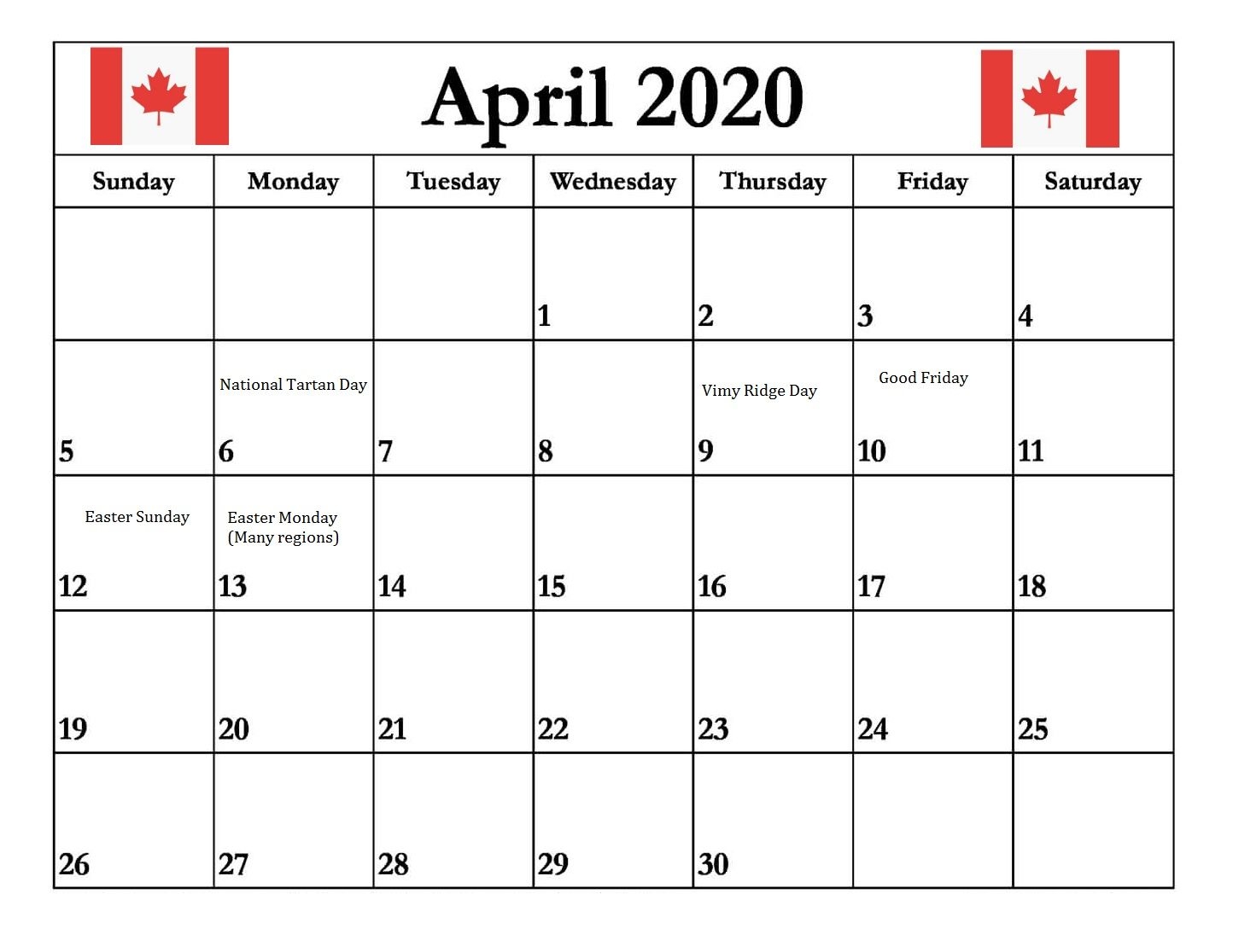 April 2020 Calendar Canada With National Bank And Public