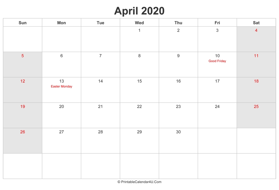 April 2020 Calendar With Uk Bank Holidays Highlighted