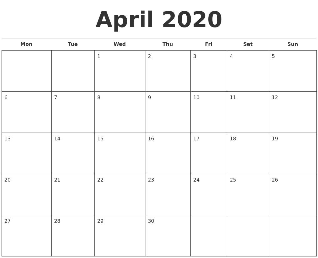 April 2020 Free Calendar Template