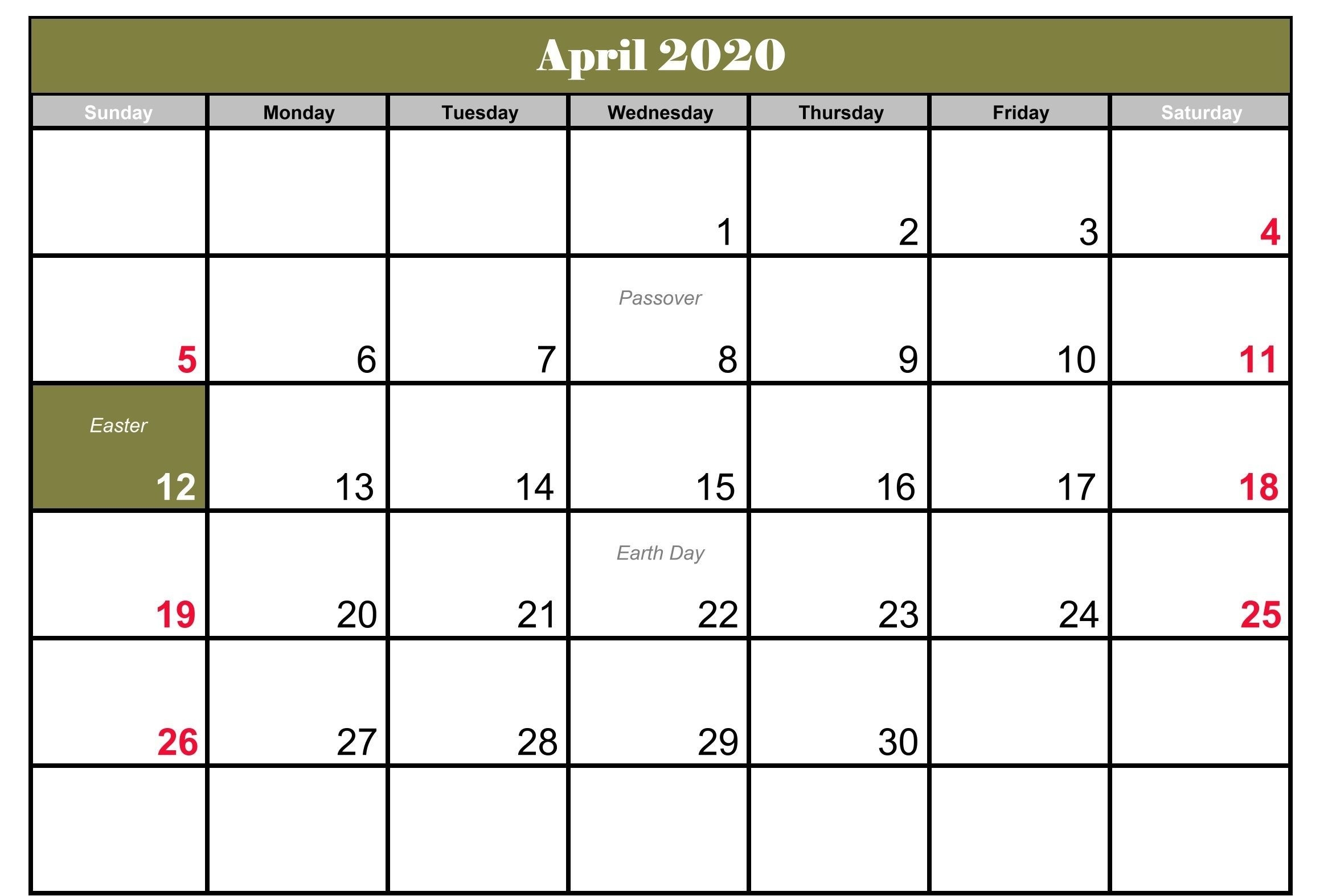 April 2020 Holidays Calendar Printable Template | Calendar
