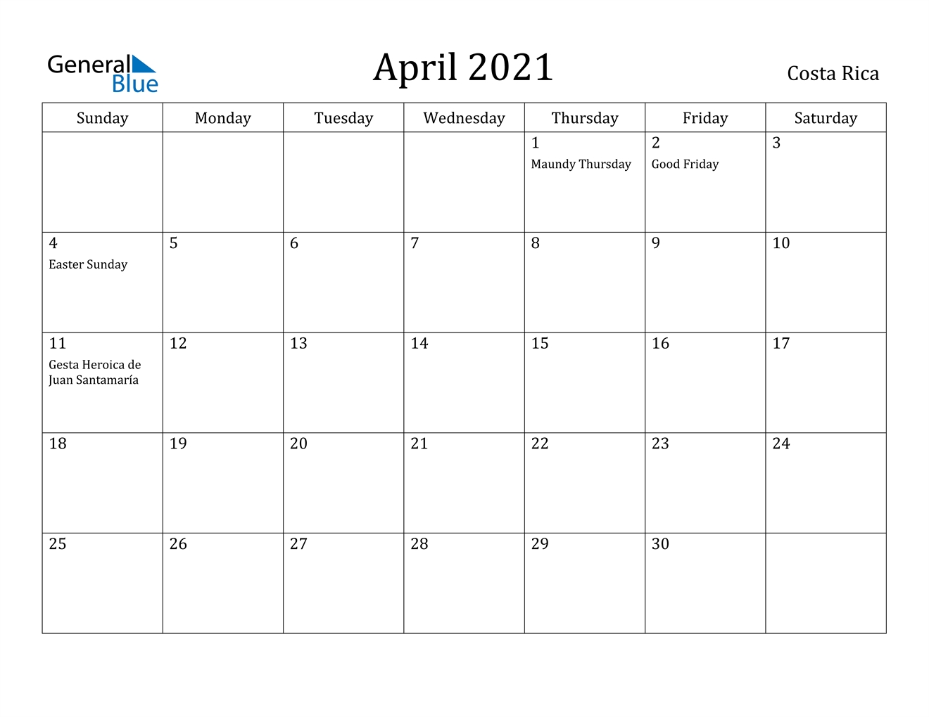 April 2021 Calendar - Costa Rica