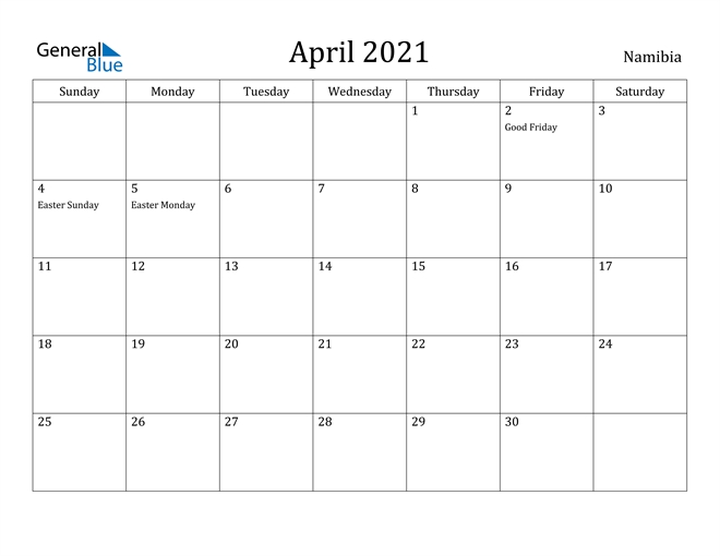 April 2021 Calendar - Namibia