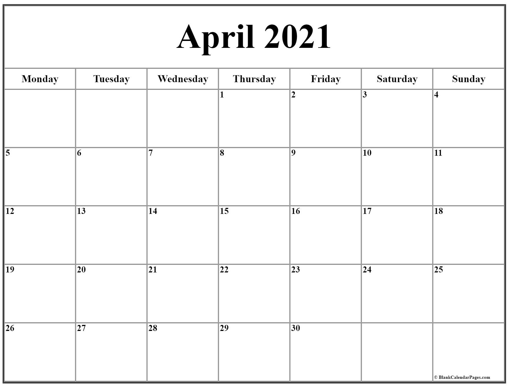April 2021 Calendar Starting Monday | Academic Calendar