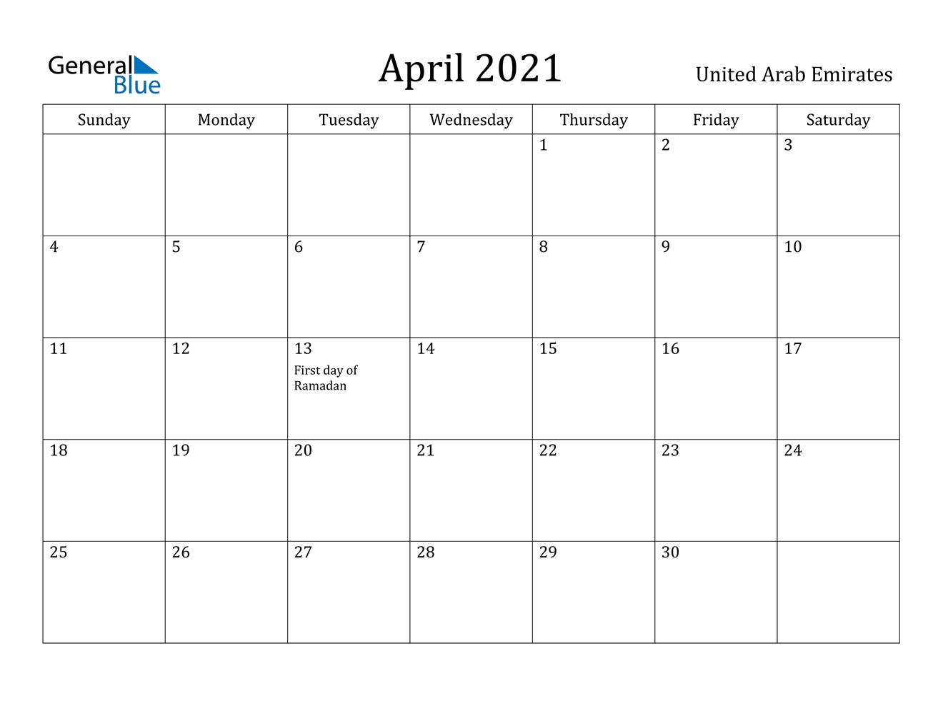 April 2021 Calendar - United Arab Emirates
