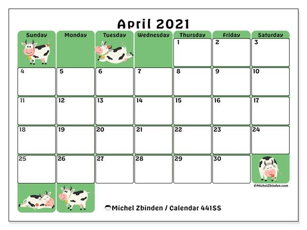 April 2021 Calendars &quot;Sunday - Saturday&quot; - Michel Zbinden En