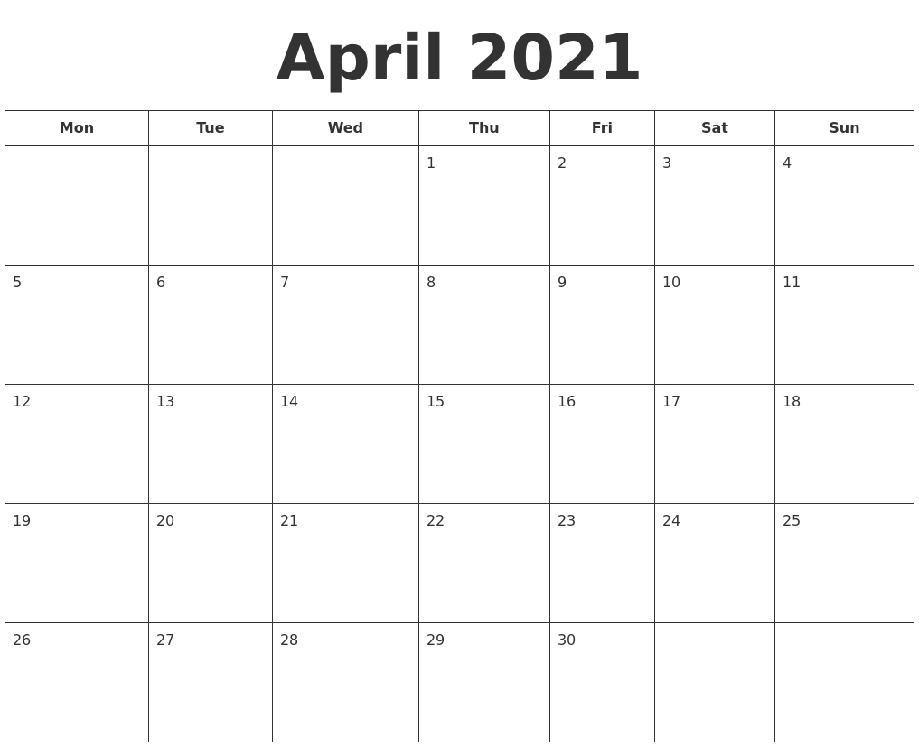 April 2021 Printable Calendar