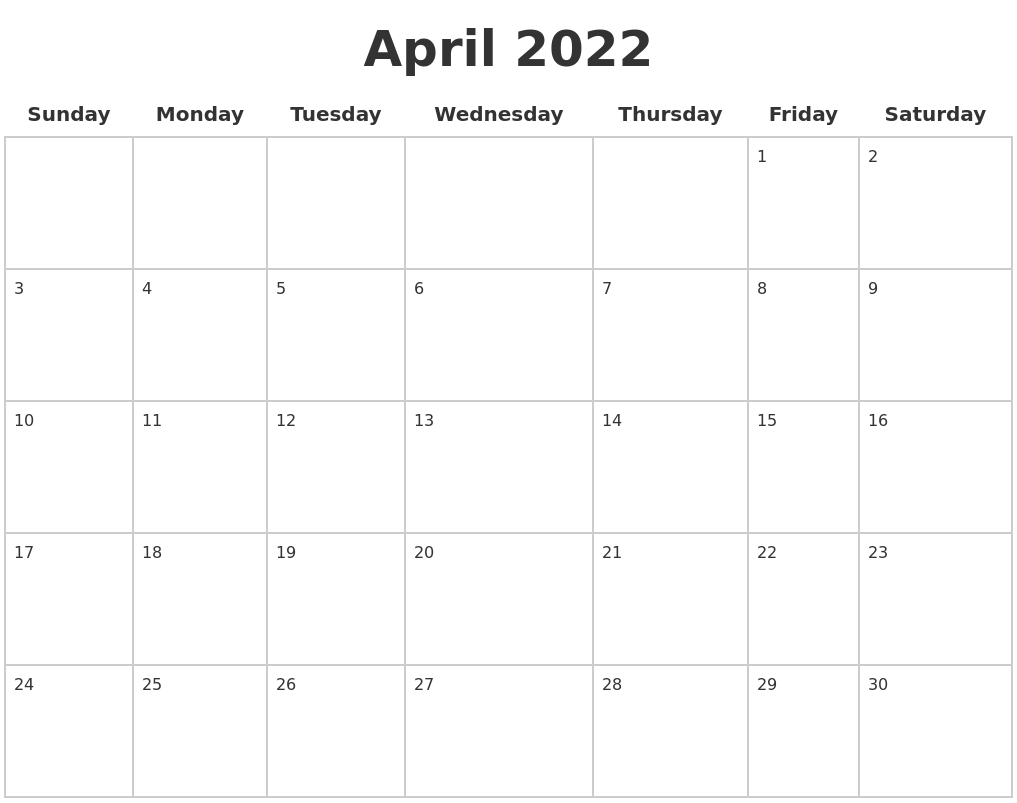 april 2022 blank calendar