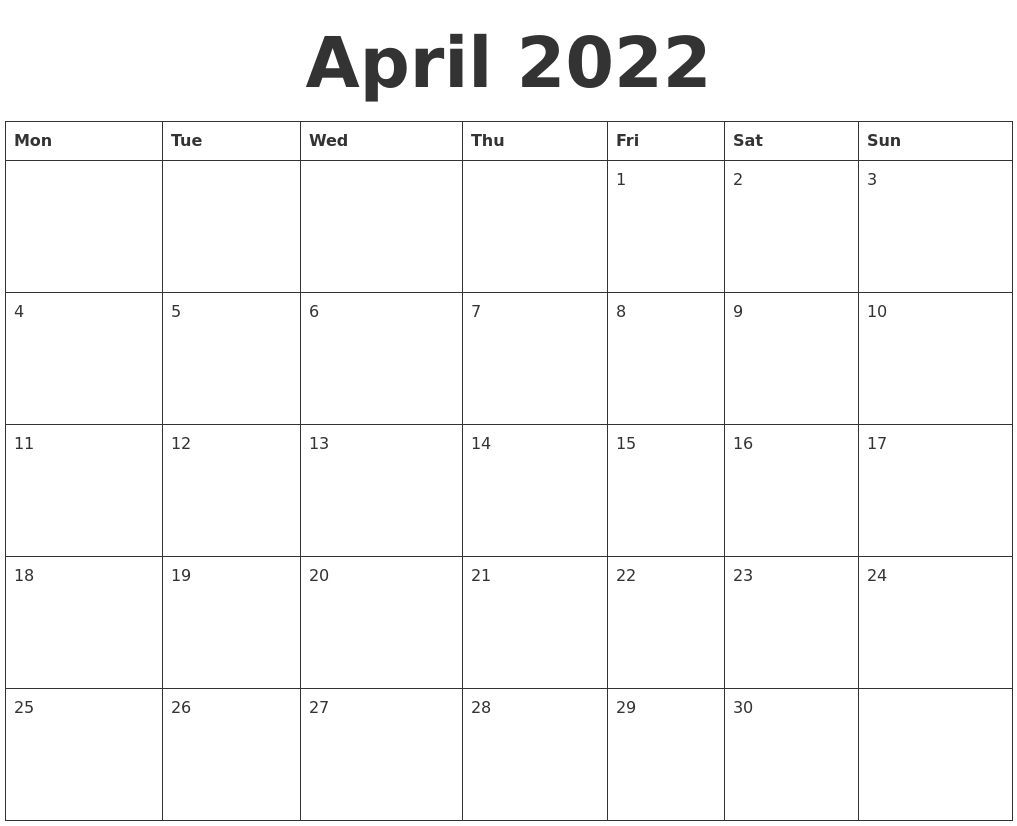 April 2022 Blank Calendar Template