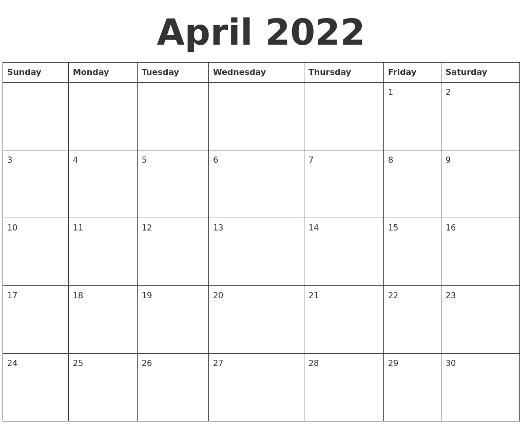 April 2022 Blank Calendar Template