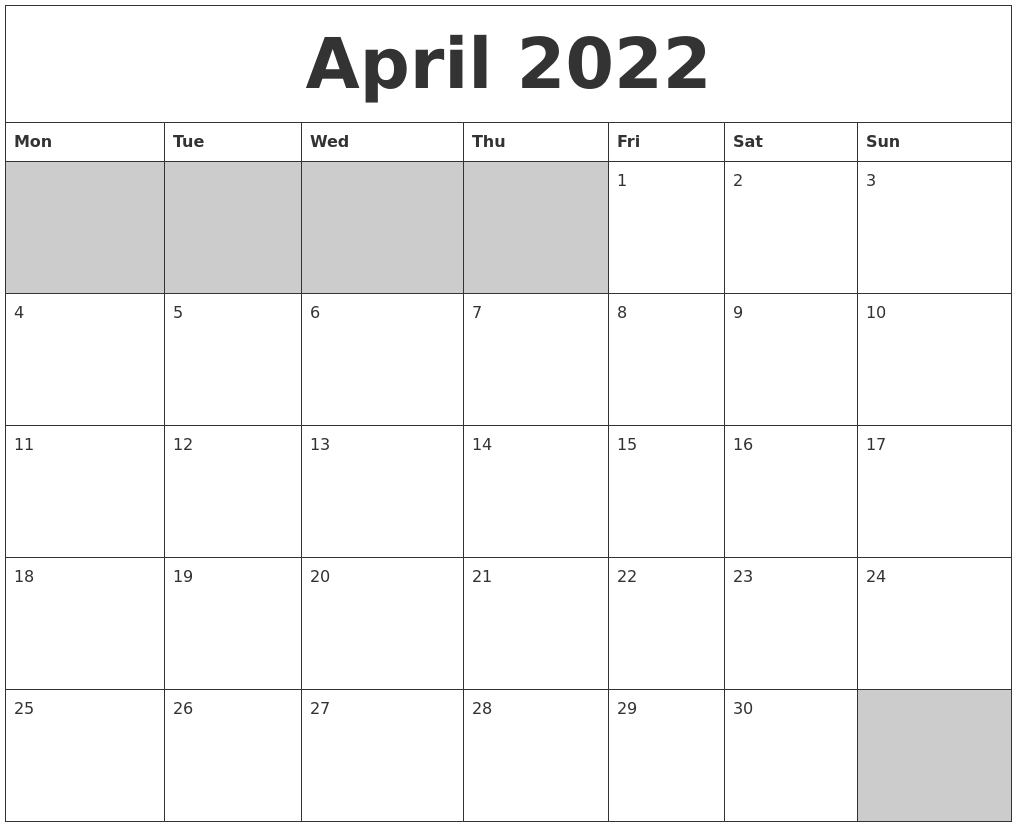 April 2022 Blank Printable Calendar