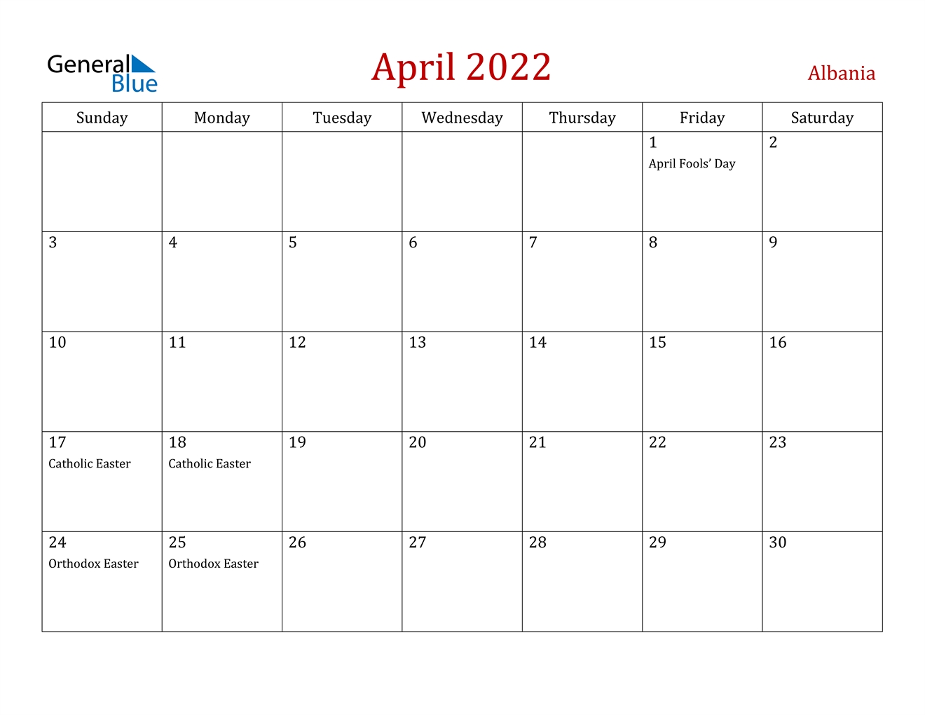 April 2022 Calendar - Albania