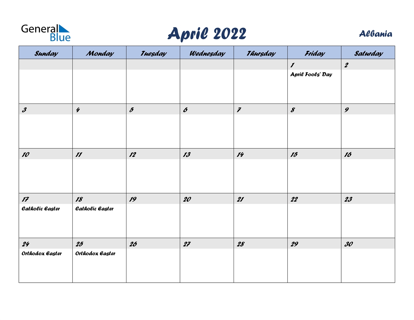 April 2022 Calendar - Albania