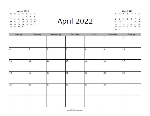 April 2022 Calendar | Allfreeprintable